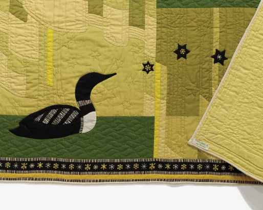 Northern Night (detail), 1955, designed by Ada B. Torrance, sewn by Torrance and members of Simcoe County Arts and Crafts Association, Orillia, Ontario. Cotton tabby textile, pieced, appliqued and embroidered. 956.159.A. Gift of The Star Weekly. Image @ROM.