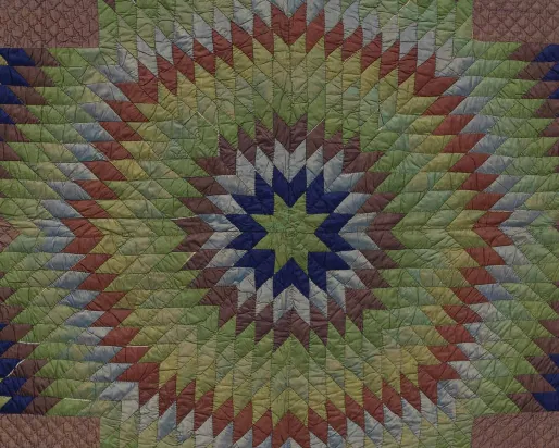 Pieced quilt (detail), 1840-1860, Janet Murray, Haldimand County, Ontario.  Silk tabby, pieced and quilted. 974.67.  Image @ROM.