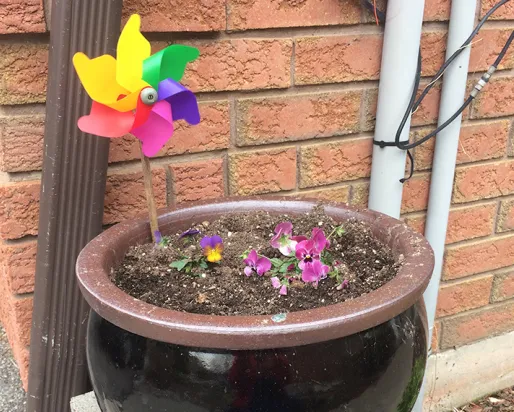 Des fleurs en pot devant un mur de briques, avec une roue d'arc-en-ciel plantée dans la terre du pot.
