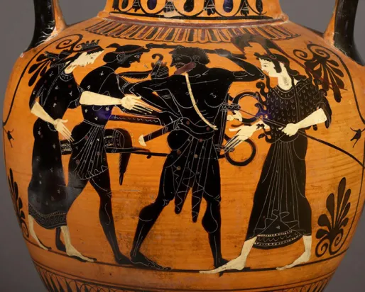 Attic black-figure lidded amphora showing Herakles stealing the Delphic Tripod.
