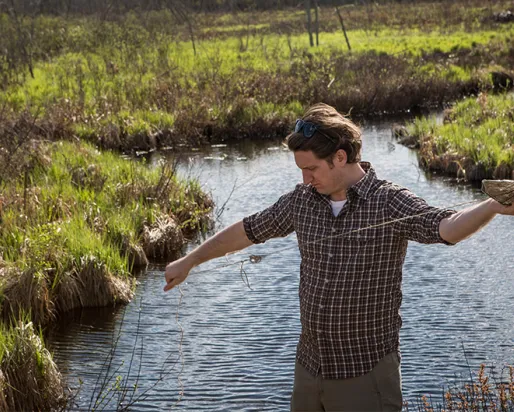 Sebastian Kvist setting a leech trap in Lake Vermilion.
