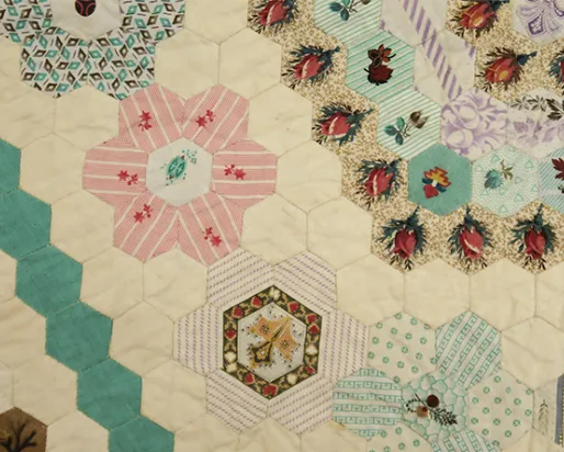 Pieced quilt. Made in England; used in Barbados. 1800-1825. Printed cotton. 949.259 Gift of Mr. and Mrs. R.J. Mercur.