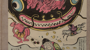 Estampe représentant un homme rêvant à une divinité déféquant des pièces de monnaie et un cavalier sous le visage souriant d’un poisson-chat géant