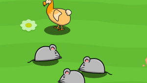an animated dodo stands on a green field surrounded by rats