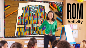 A teacher stands at the front of a class. The board behind her displays a coloured life jacket surrounded by art supplies. Text says ROM Activity