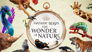A pocketwatch containing the words Fantastic Beasts: The Wonder of Nature, surrounded by many real and imaginary animals.