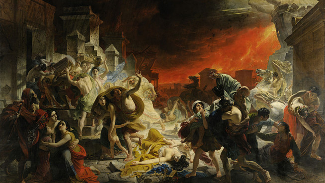 The Last Day of Pompeii is a large canvas painting by Russian artist Karl Briullov in 1830-33 (Hermitage Museum, public domain image)