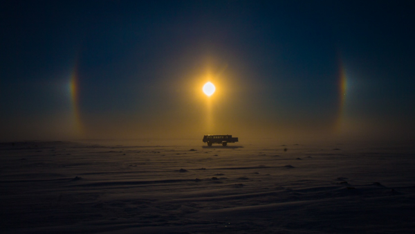 “Tundra Buggy and Sun Dog” Don Gutoski’s snowy view on a photography adventure in Cape Churchill, Manitoba.