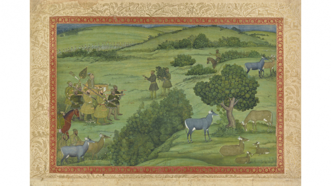 A grassy landscape with grazing animals and a group of men carrying a man in a palaquin.