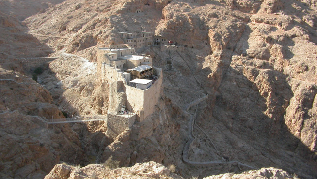 The main monastery buildings at Deir Mar Musa, Syria, from the South., the same view as the reconstructions in the blog.