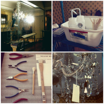 Emily cleaning Neoclassical Chandelier with tools and supplies. Photos by Jaime Clifton-Ross