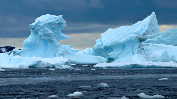A photo of massive ice bergs on the ocean in front of a stormy sky. Photo by Jeff Dickie