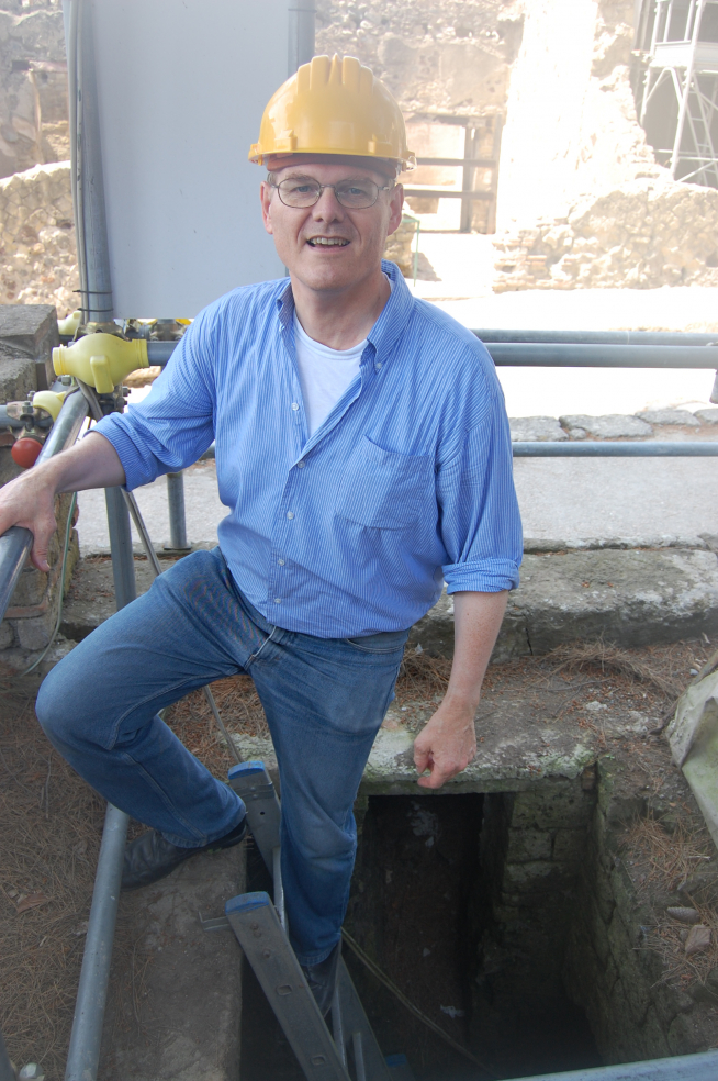 Paul Roberts going down the drain in Herculaneum.