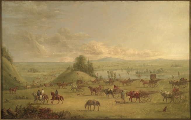An oil painting by Paul Kane depiciting Plains Métis travelling