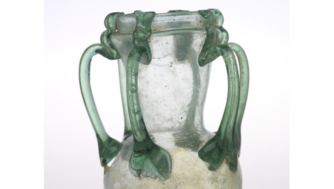 Six-handled green glass jar - Blown glass with trailed handles, Syria - Late Roman - c. 300-425 AD, ROM #909.3.41   - The Walter Massey Collection - Height 12.9cm  Width 9.4cm  Diameter 7.6cm. ROM Photography.