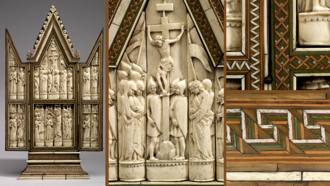 15th century European ivory hinged triptych with Crucifixion and Baptism scene 