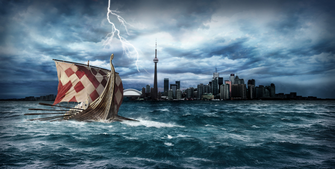 Graphic showing a Viking ship in Toronto harbour