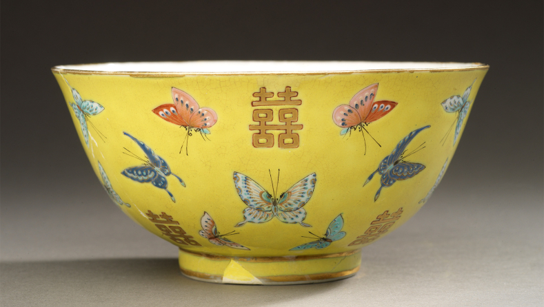 Jingdezhen ware bowl, wheel-thrown porcelain with glaze and enamel paints, Qing Dynasty, 1862-1874, China, 995.146.7.