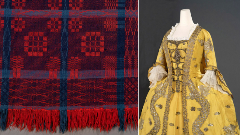 Collage of woven coverlet, and yellow dress.