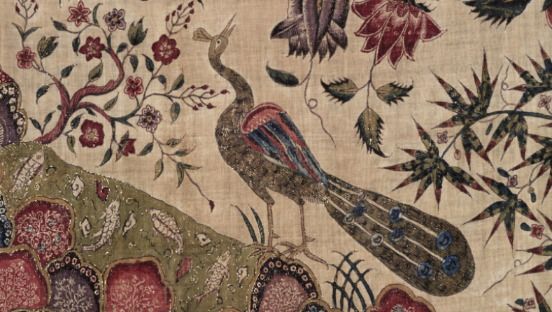 Detail of botanical pattern with a peacock.