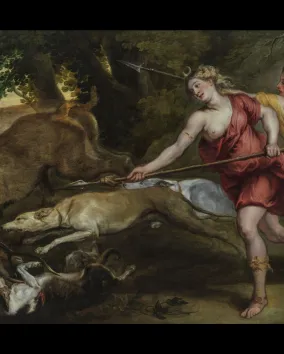 Diana, and three nymphs, hunt deer with spears and dogs.