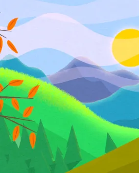 A drawn colorful image of a hill with a tree in front of it and a red bird. Behind the hill is a sunset behind a mountain.
