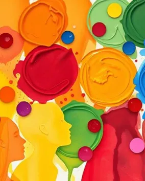 Abstract image featuring vibrant, overlapping paint splashes and circular shapes in various colors, with two human silhouettes facing each other against a white background.