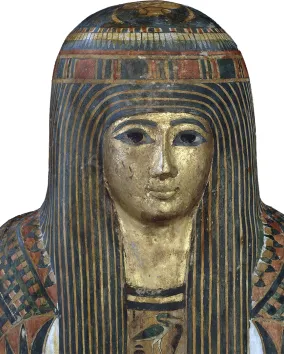 An ancient Egyptian mummy coffin featuring a gilded face, blue-striped wig, and intricate geometric and symbolic designs on the chest and shoulders