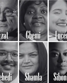 Black and white headshots of 10 storytellers at the Living Libraries: Newcomers' Stories of Belonging event