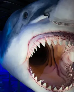 Close-up view of a life-sized Megalodon shark model with its mouth wide open, displaying multiple rows of sharp teeth, in a dark, blue-lit museum exhibit.