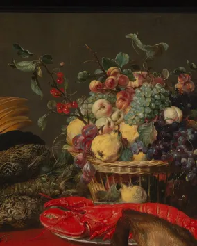 Detail of painting depicting game and fruit laid on a table.