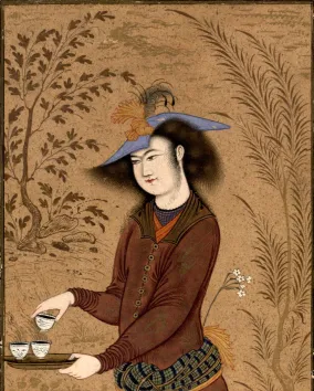Riza ʿAbbasi, “Kneeling youth offering coffee.” Tehran, Golestan Palace Library, Ms. 1668 (Muraqqaʿ-i Gulistan or Gulshan), fol. 37.