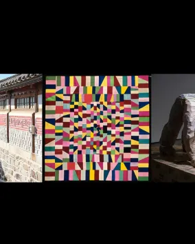 (left) Bukchon Hanok Village, Seoul, Korea. (middle) Jogakbo (Wrapping Cloth), Asian Art Museum of San Francisco, 1998.57, Gift of Mrs. Ann Witte;  (right) Shin Min, Part-time Workers in Downward Dog Pose, 2014. Photo by Hyo Seop Jeong. Image courtesy of the artist. 