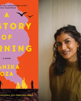 book cover of A History of Burning and photo of Janika Oza