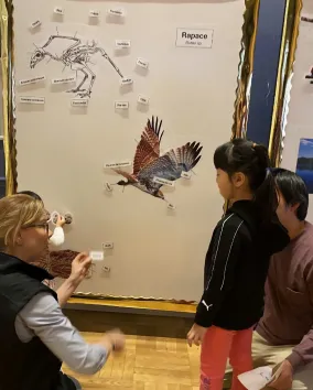 A group of people looking at a picture on a white board