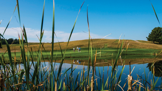 Quatre joueurs sur un terrain de golf verdoyant, vus de l'autre côté d'un étang, à travers des roseaux