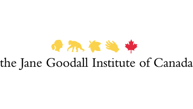 Icons from left to right above the logo in yellow: Jane Goodall's profile, chimpanzee walking, a leaf, hand, Canada's maple leaf in red