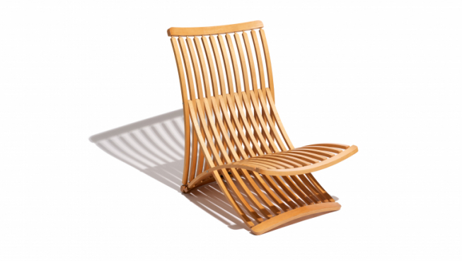 Image of an armless chair made of multiple, steam-bent wooden slats.