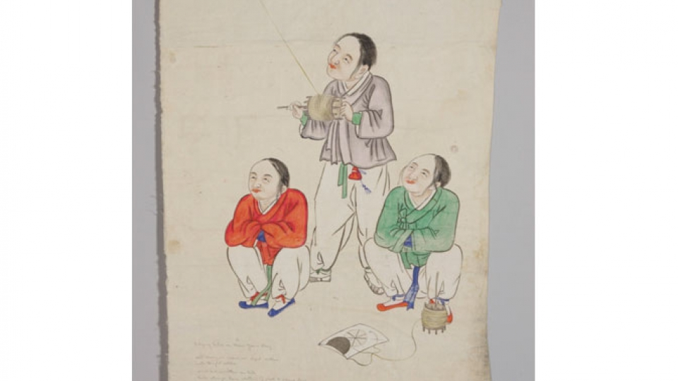 Painting, Flying Kites on New Year’s Day (ink and colour on paper), attributed to Gisan (Him Jun-geun), Korea, 1885-1910.