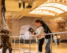Young child standing with father looking up at a dinosaur skeleton.