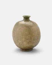 Buncheong Flattened Bottle with Incised Peony and Foliage Design 분청사기음각 모란엽문 편병, Korea, late 15th century, 992.127.1.