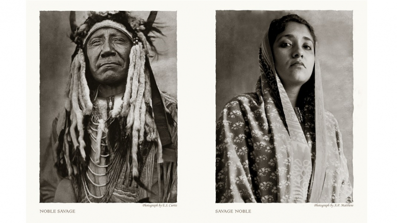 Two black and white images of a Native man and Indian girl.