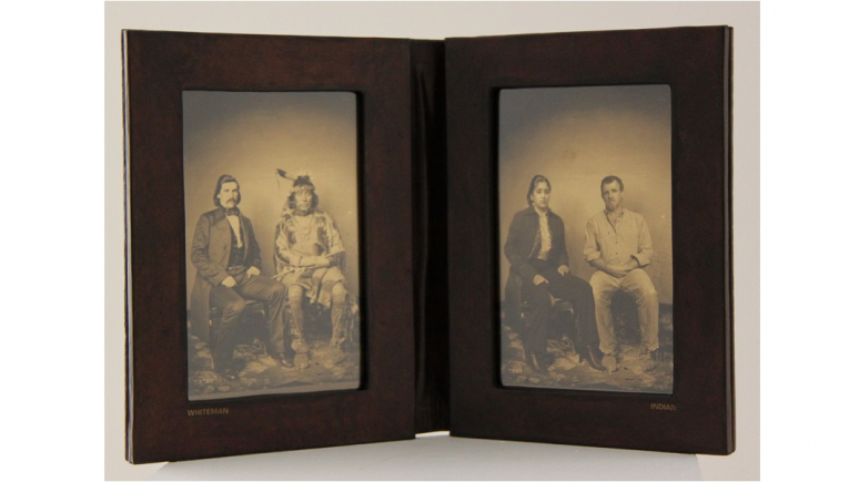 Two bllack and white images of a Native man with a man and a man with a woman.