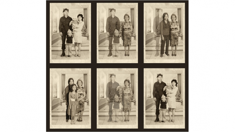 Image en noir et blanc d'une famille vietnamienne. 