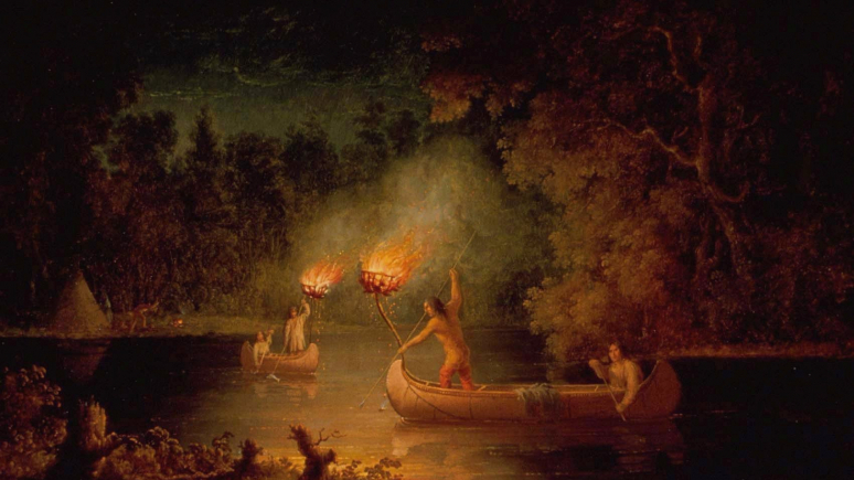Painting of people fishing in boats at night with torches