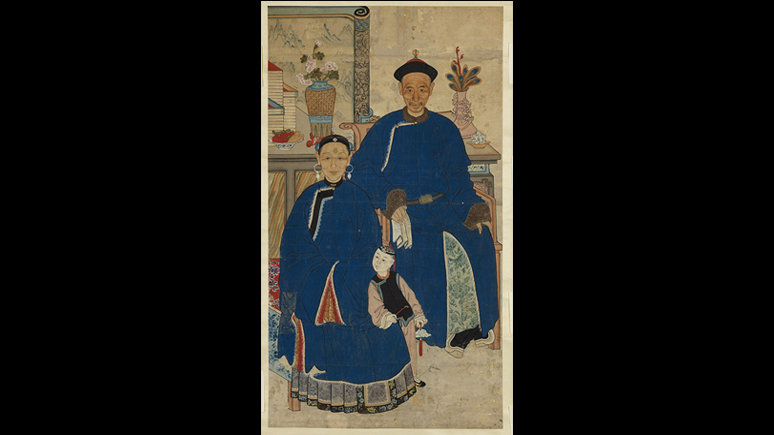 Anonyme, <em>Portrait d’ancêtre d’un couple</em>, dynastie Qing (1644-1911), rouleau vertical, encre et couleurs sur papier, 138,4 × 77,5 cm, ROM, 2018.46.1, don de Vivienne Poy