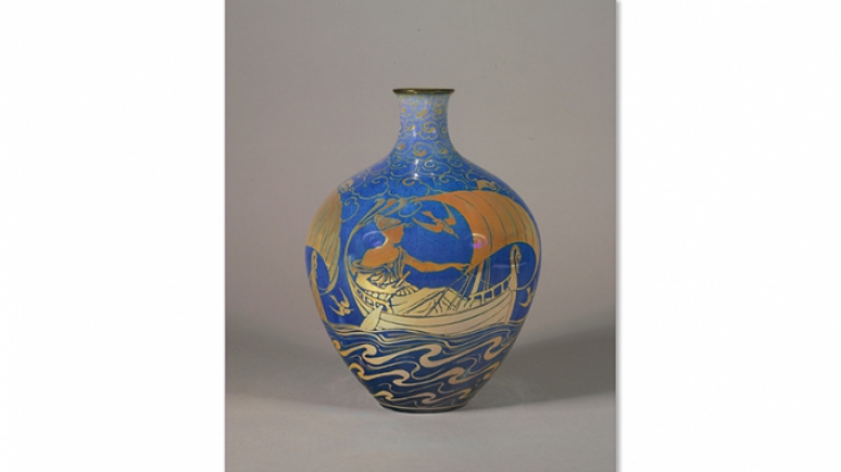 Blue vase with yellow and amber detail depicting a nautical narrative.