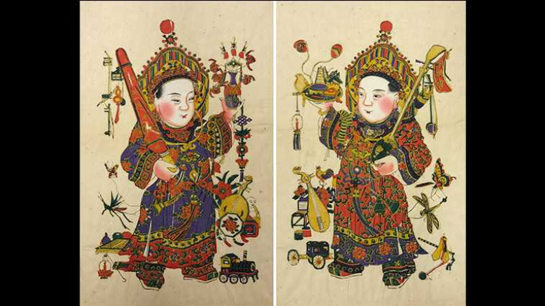 <em>Profitez de la musique (et du bonheur)</em>, République de Chine (1912-1949), Yangliuqing, xylographie de Tianjin, encre et couleurs sur papier, 53 x 29,6 cm (chaque estampe), Musée royal de l’Ontario, 969.168.32, 969.168.33