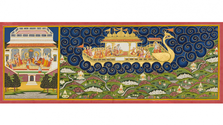Une peinture montrant des divinités rassemblées à gauche et un bateau naviguant à travers les nuages à droite. 
