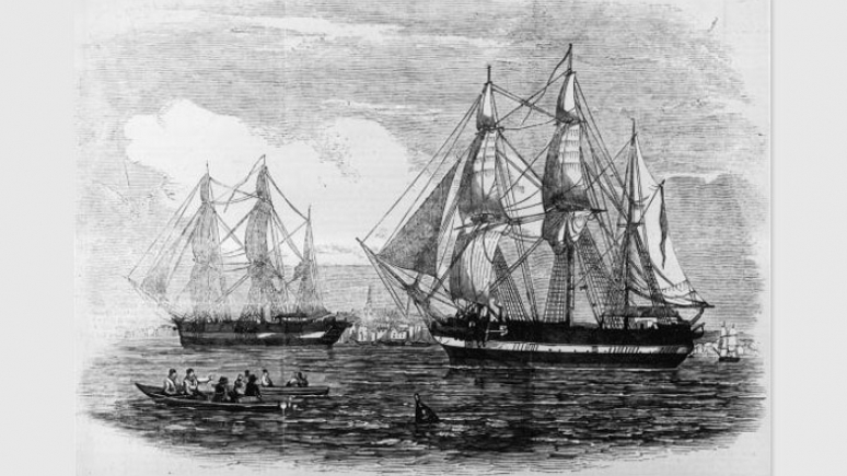Black and white illustration of the ships heading out on the exhibition.